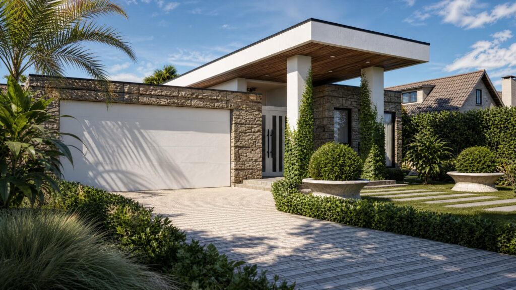 Left side exterior view of Sorrento residence showing driveway and stone cladding
