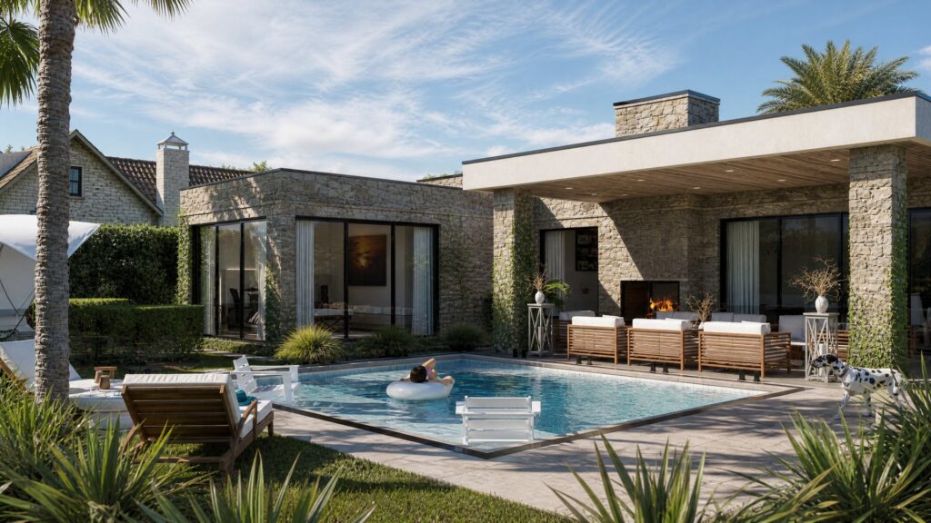 Sorrento residence pool and outdoor entertainment area with alfresco fireplace