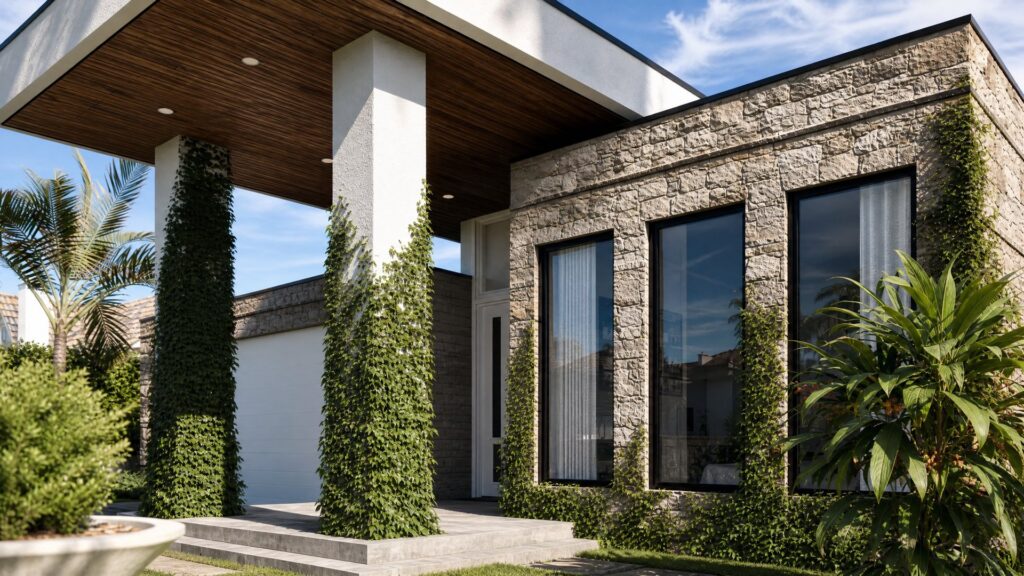 Sorrento residence side facade with ivy-covered columns and large windows