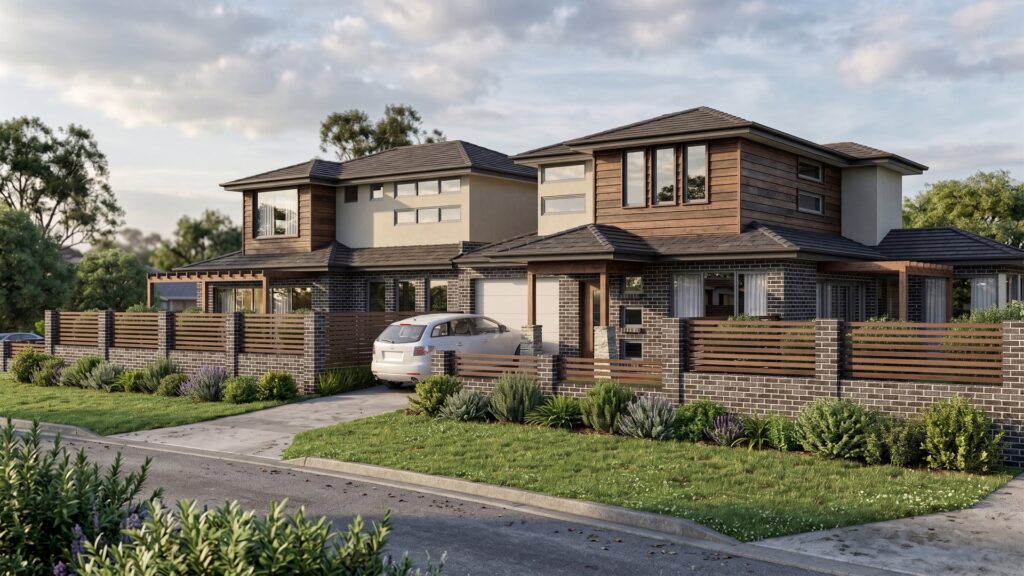 Street elevation of Bayswater dual occupancy development showing both dwellings