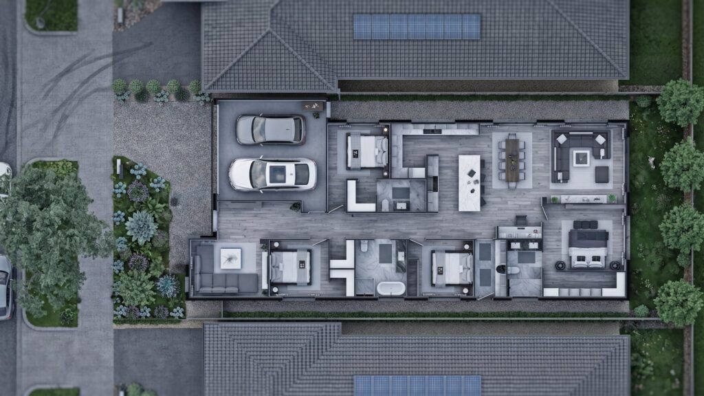 Overhead floor plan of a four-bedroom Clyde North family home