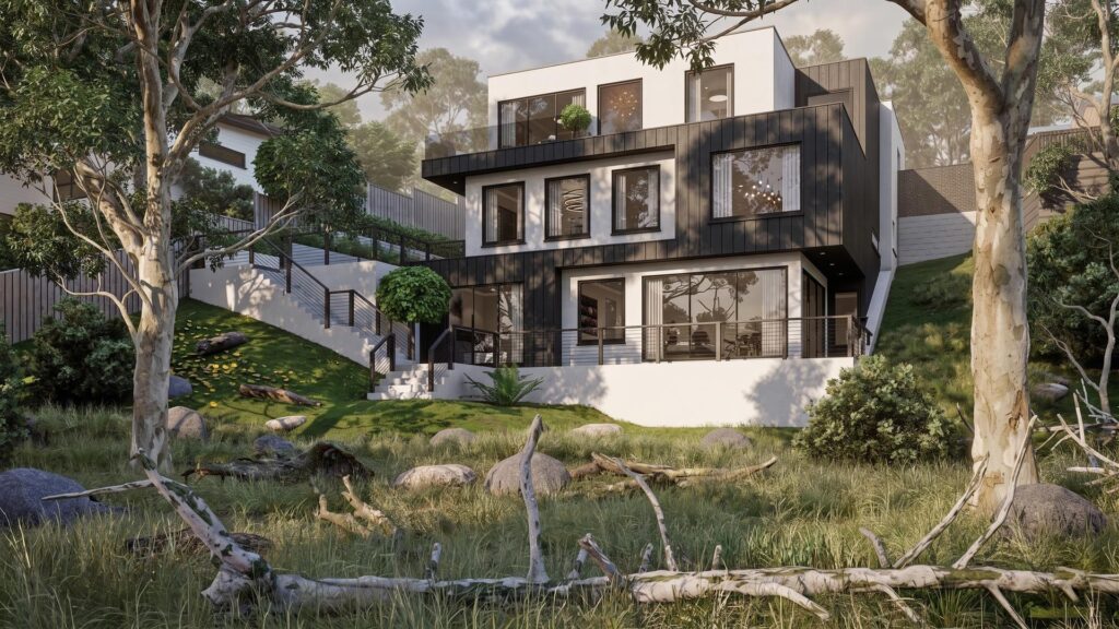 Rear elevation of a triple-storey Frankston South home stepping down a sloped, bush block