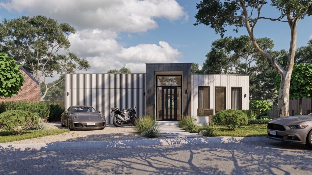 Front driveway and entry facade of a Frankston South hillside residence