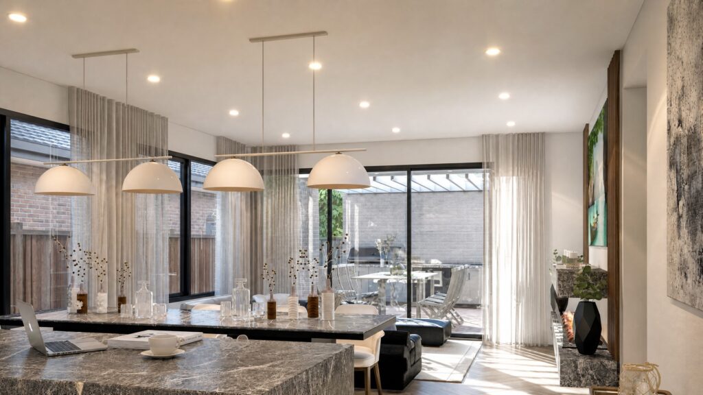 Open-plan kitchen and living area of a Fraser Rise residence with alfresco access