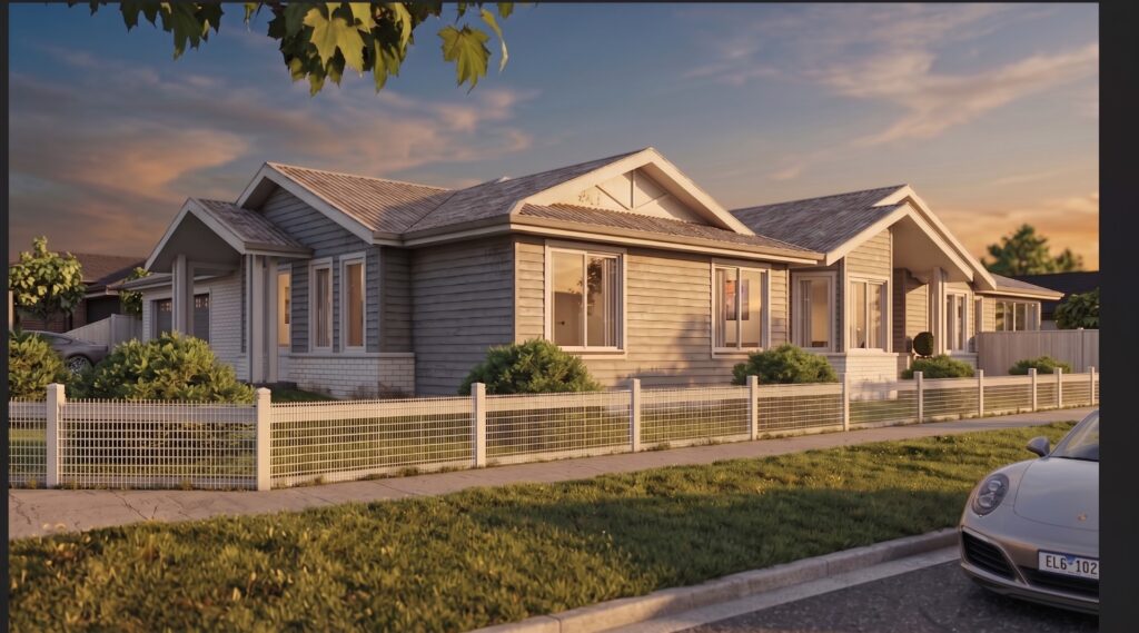 Front elevation of a Gisborne suburban residence at golden hour