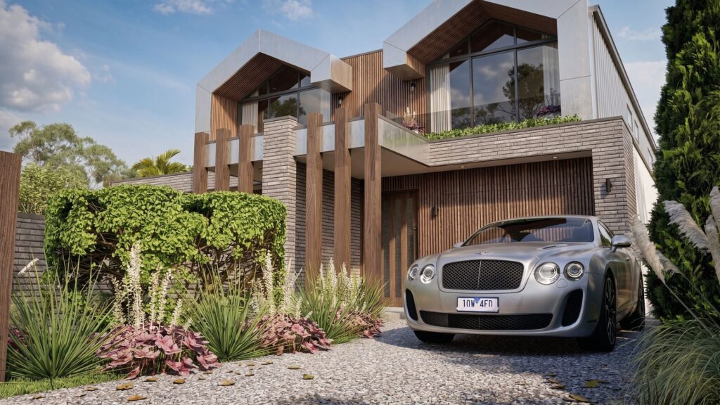 Close driveway view of Hampton East residence entry facade