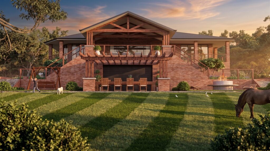 Rear view of Heathcote rural residence showing brick facade, timber pergola and gabled roof at golden hour