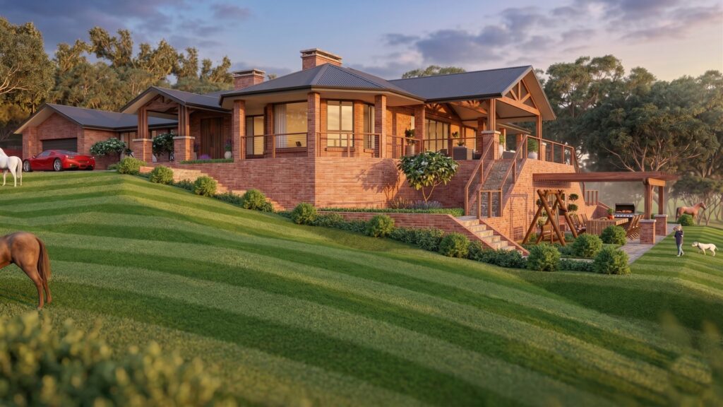 Side elevation of Heathcote farmhouse with brick chimneys, timber verandah and driveway