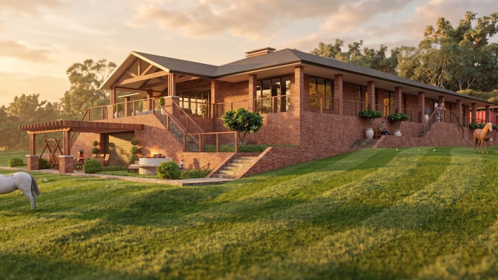 Long side elevation of Heathcote residence showing brick construction and timber-framed verandah