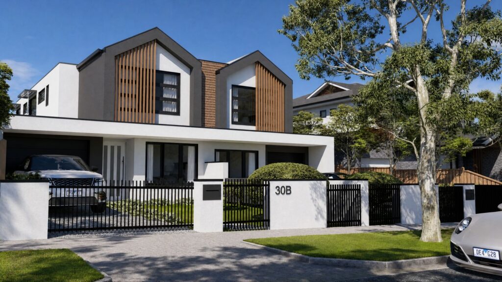 Angled front view of 30B at the Highett dual occupancy development highlighting the timber-batten gable and covered entry