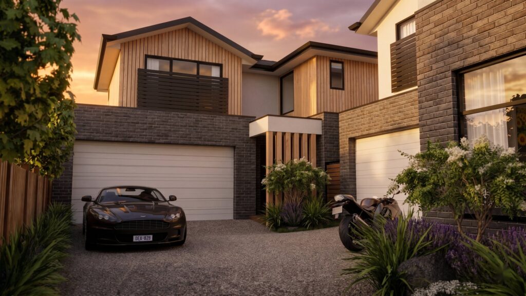 Twin garage frontage of Langwarrin townhouses with driveway at dusk