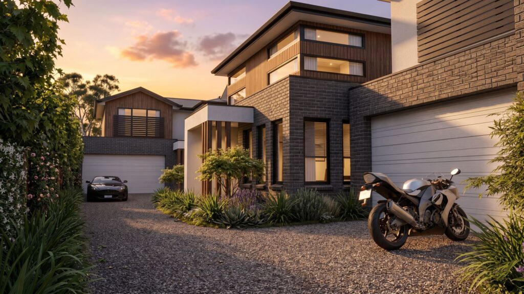 Dark brick entry facade of Langwarrin townhouse with timber accents