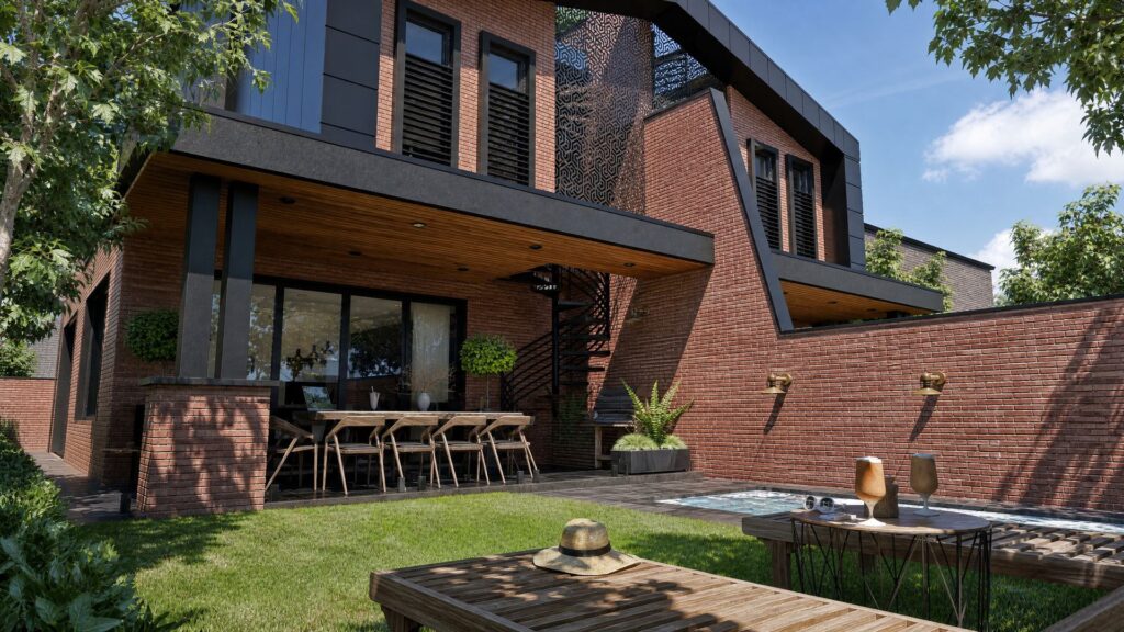 Rear courtyard of Maribyrnong duplex with pool, alfresco dining and spiral staircase to rooftop