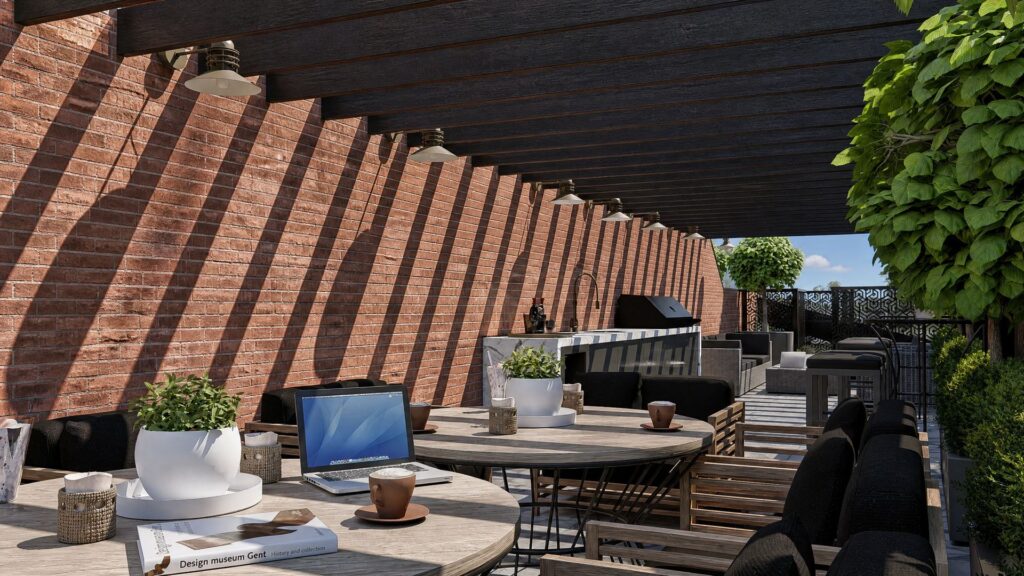 Rooftop terrace at Maribyrnong duplex featuring outdoor kitchen and lounge seating