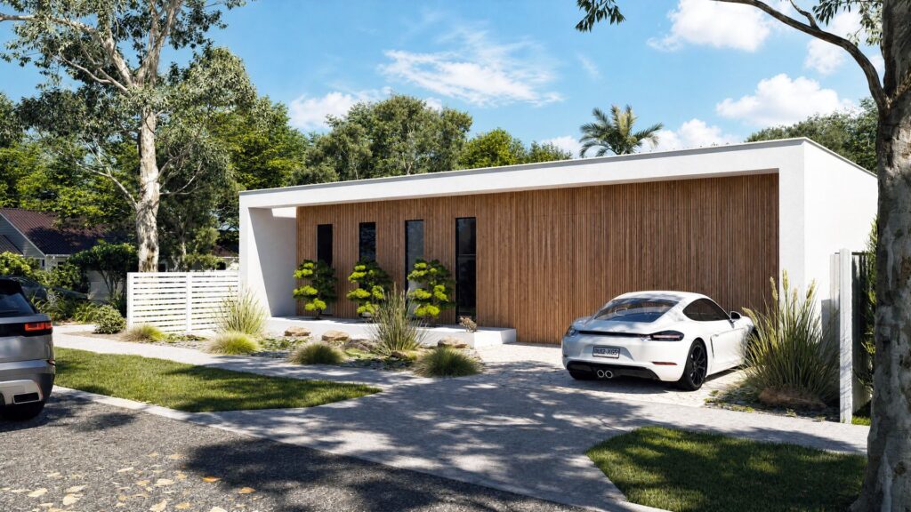 Driveway elevation of Paynesville coastal home with timber cladding