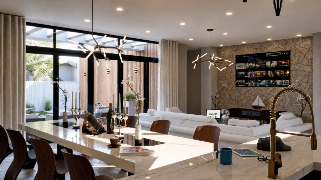 Open-plan living and dining area of a Paynesville coastal residence