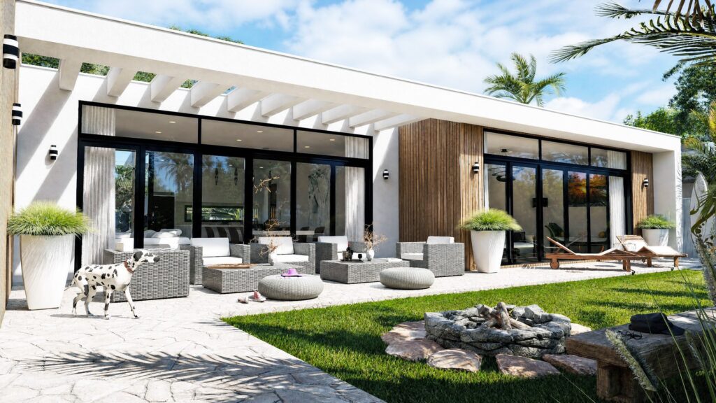 Pergola-covered alfresco lounge area at a Paynesville coastal residence