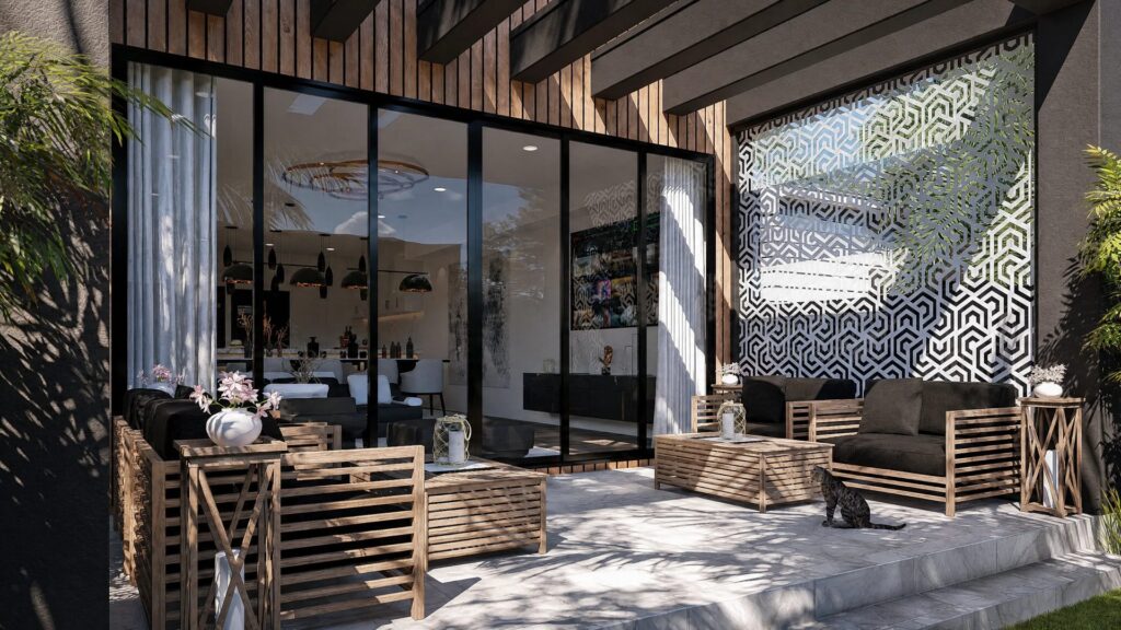 Alfresco lounge area at Port Melbourne residence featuring decorative screen wall