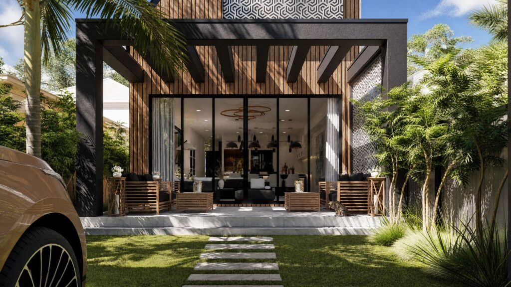 Rear garden and indoor-outdoor living space at Port Melbourne residence with timber cladding