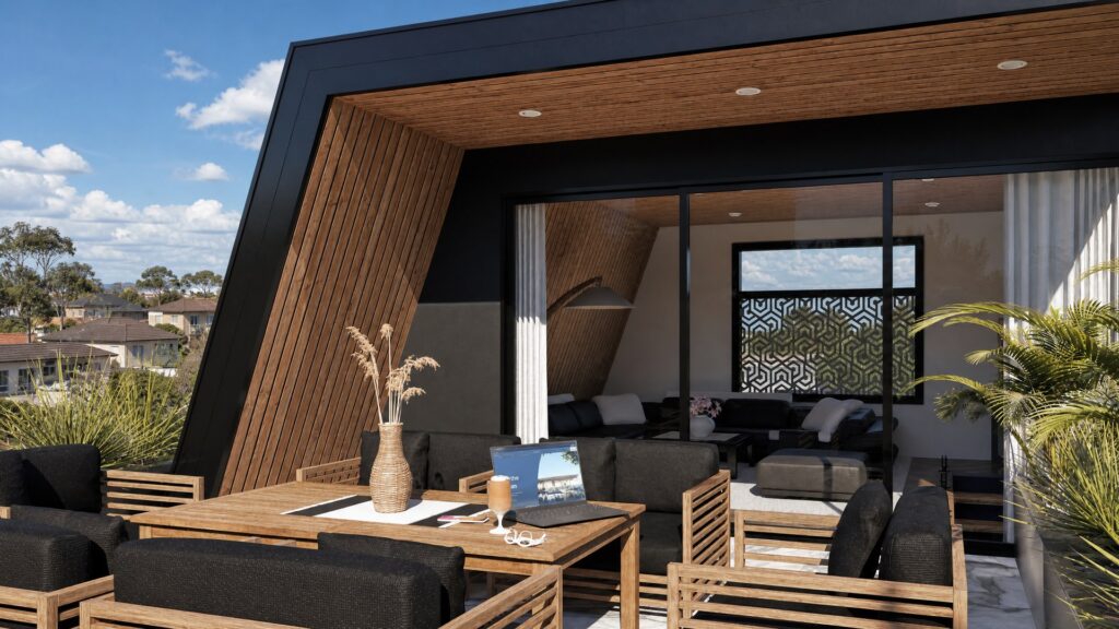 Rooftop terrace at Port Melbourne residence with dining and lounge seating overlooking the city