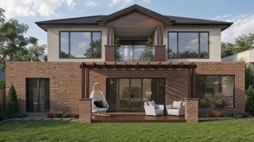 Pergola-covered alfresco deck at a Ringwood dual occupancy residence