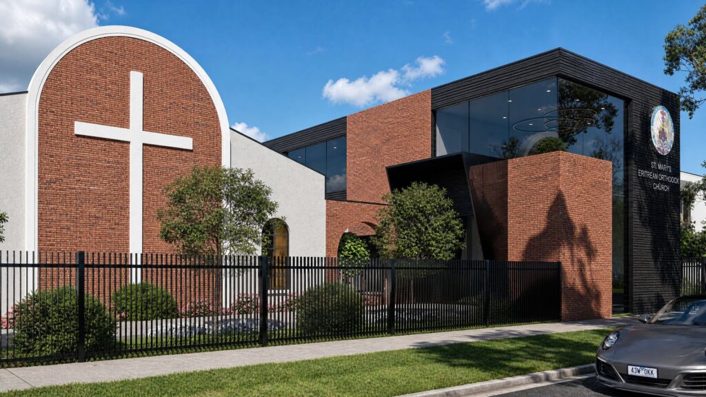 Entry facade of St. Mary's Eritrean Orthodox Church with brick cross and glazed atrium