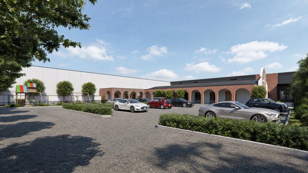 On-site parking court at St. Mary's Eritrean Orthodox Church with arched colonnade