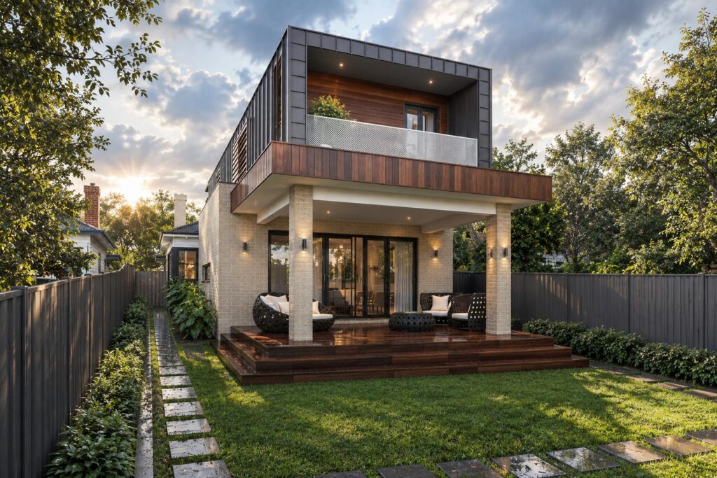 Rear view of a two storey addition in brick, metal cladding and timber, opening onto a deck and garden in Ballarat Central