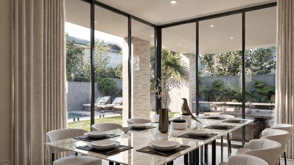 Open-plan dining area opening onto the alfresco and pool through full-height glazing