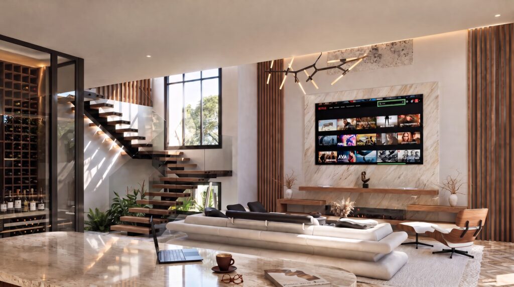 Double-height living area with floating timber stairs and glass-enclosed wine cellar