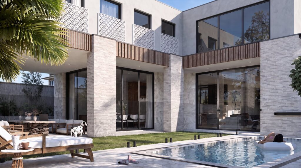 Rear exterior with in-ground pool, alfresco lounge and outdoor kitchen