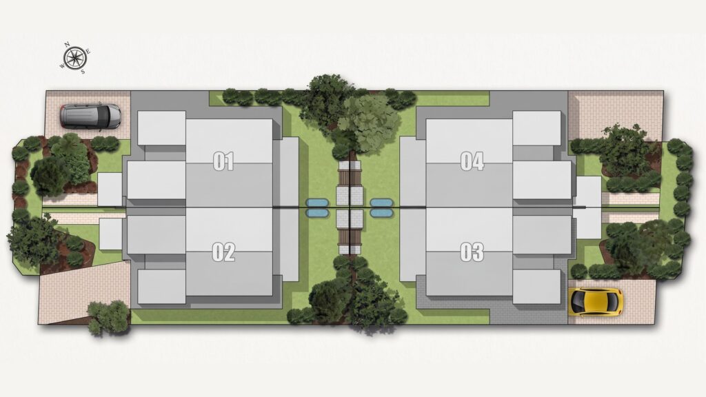 Site plan of the four dwelling development in Chelsea, showing dwellings 01 to 04 around a shared central walkway