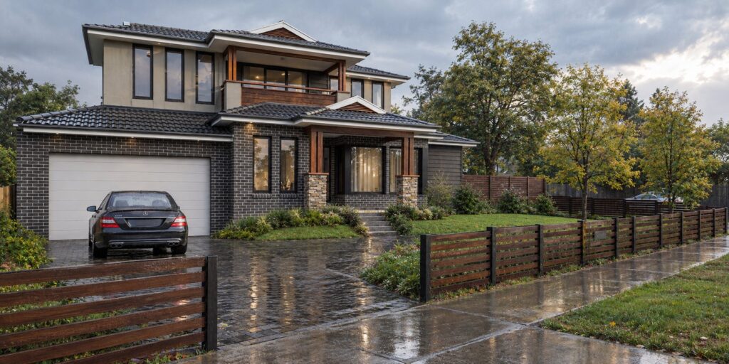 Front elevation of Dwelling 1 at a double storey dual occupancy residence in Croydon, dusk view