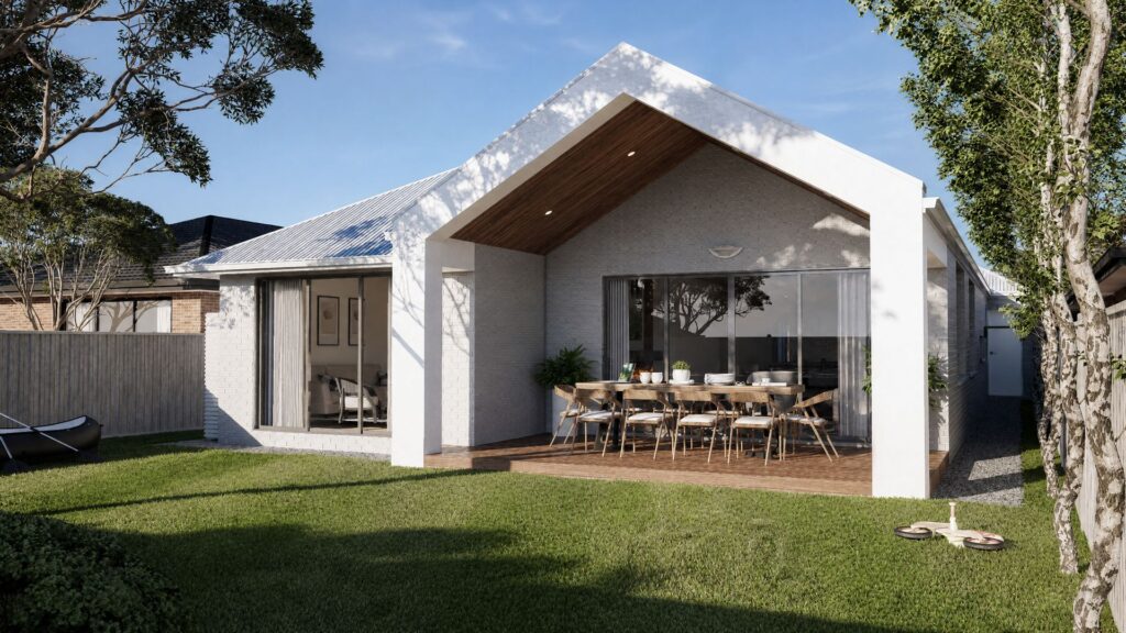 Alfresco dining area with a cathedral ceiling opening off the main living area of a holiday home in Yallarah Estate, Echuca