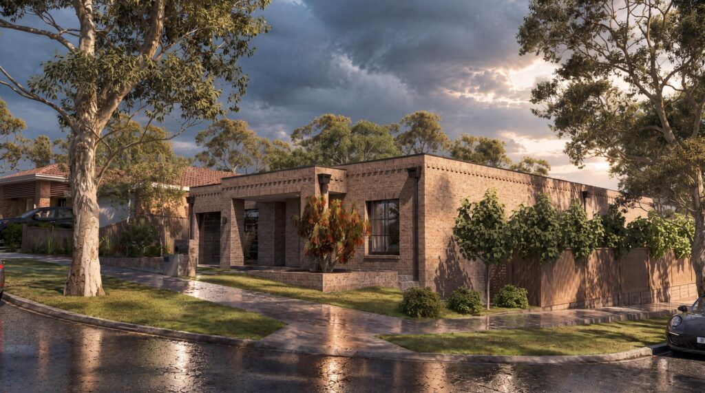Corner view of a single-storey brick residence in Mill Park at evening, showing the corbelled brick banding wrapping the side elevation