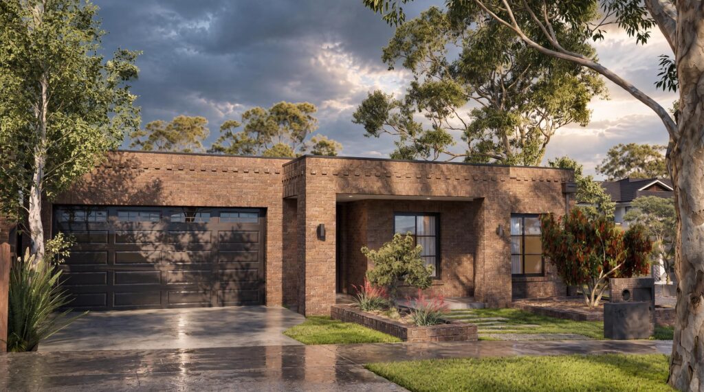 Front elevation of a single-storey brick residence in Mill Park at dusk, showing the corbelled brick eaves detail and entry portico