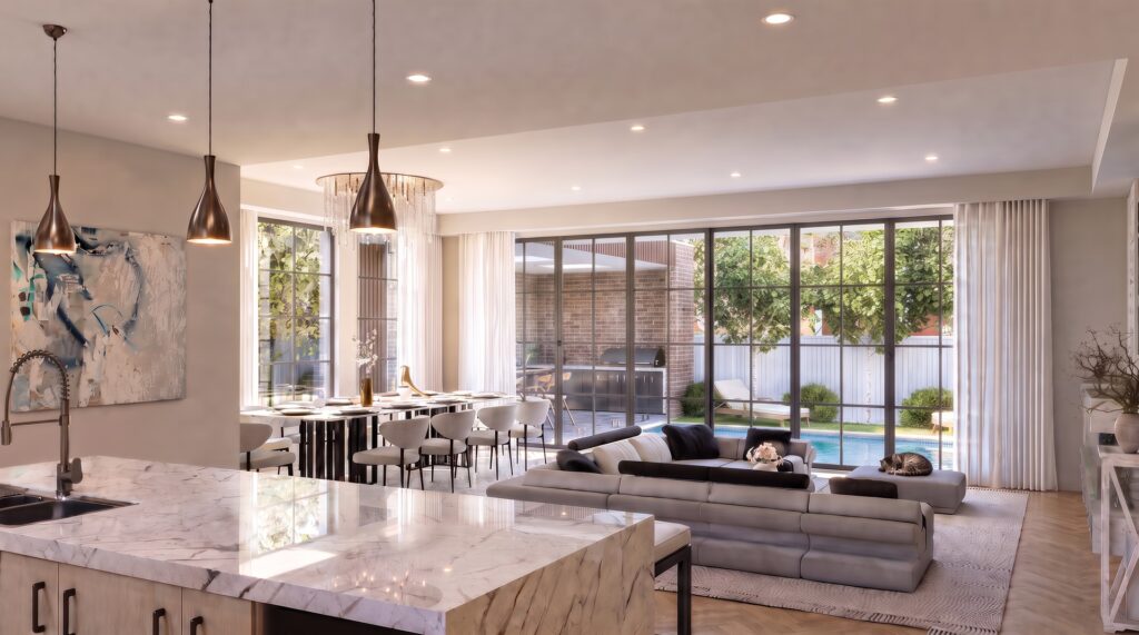 Open-plan kitchen, living and dining area with marble island bench and glazed doors opening onto the pool and alfresco
