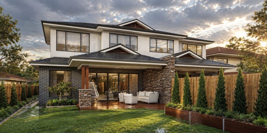 Covered alfresco area at the rear of a double storey home in Niddrie with a stone feature column and outdoor lounge setting