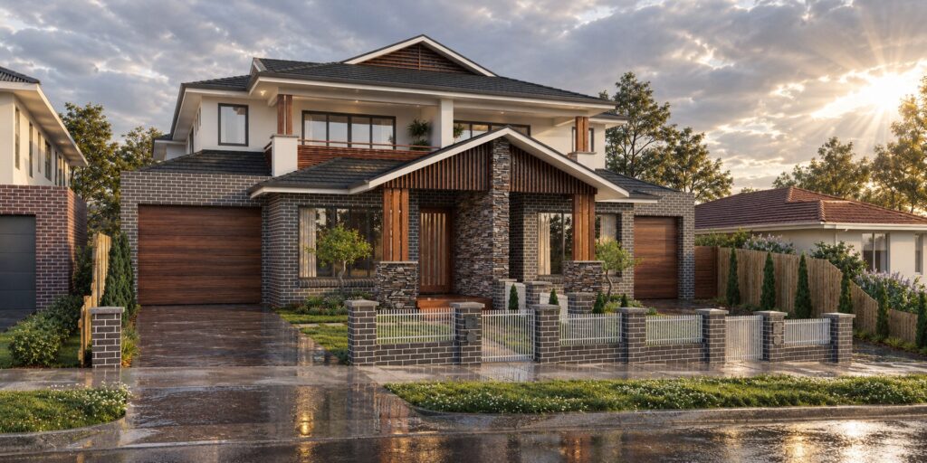 Angled street view of a mirrored pair of double storey homes in Niddrie at dusk
