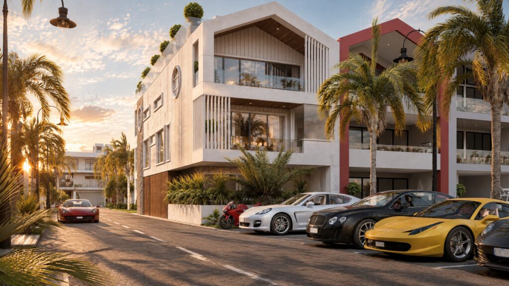 Street elevation of a four-level penthouse residence at Patterson Lakes Marine Complex at sunset