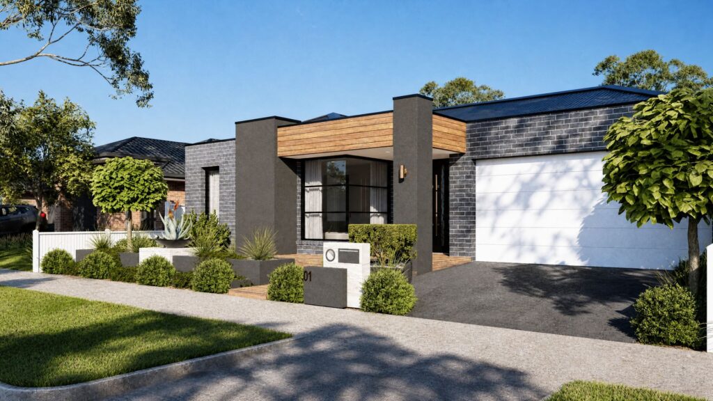 Angled view of the entry portico and front door of a single storey residence in Point Cook