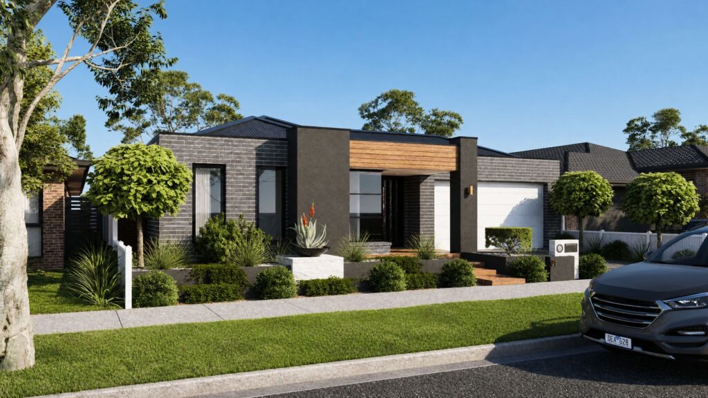 Street view of a single storey residence in Point Cook with landscaped front garden