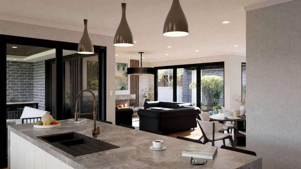 Open plan kitchen and living area with fireplace, opening onto the courtyard and alfresco