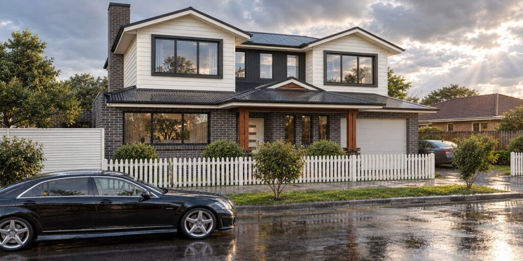 Street view of a double storey home in Thomastown with a car parked in the foreground driveway