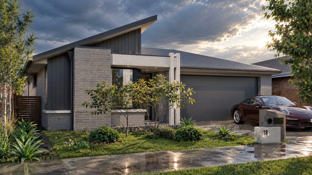 Angled street view of a modern Fraser Rise family home with a sloping roofline, covered entry and landscaped front garden