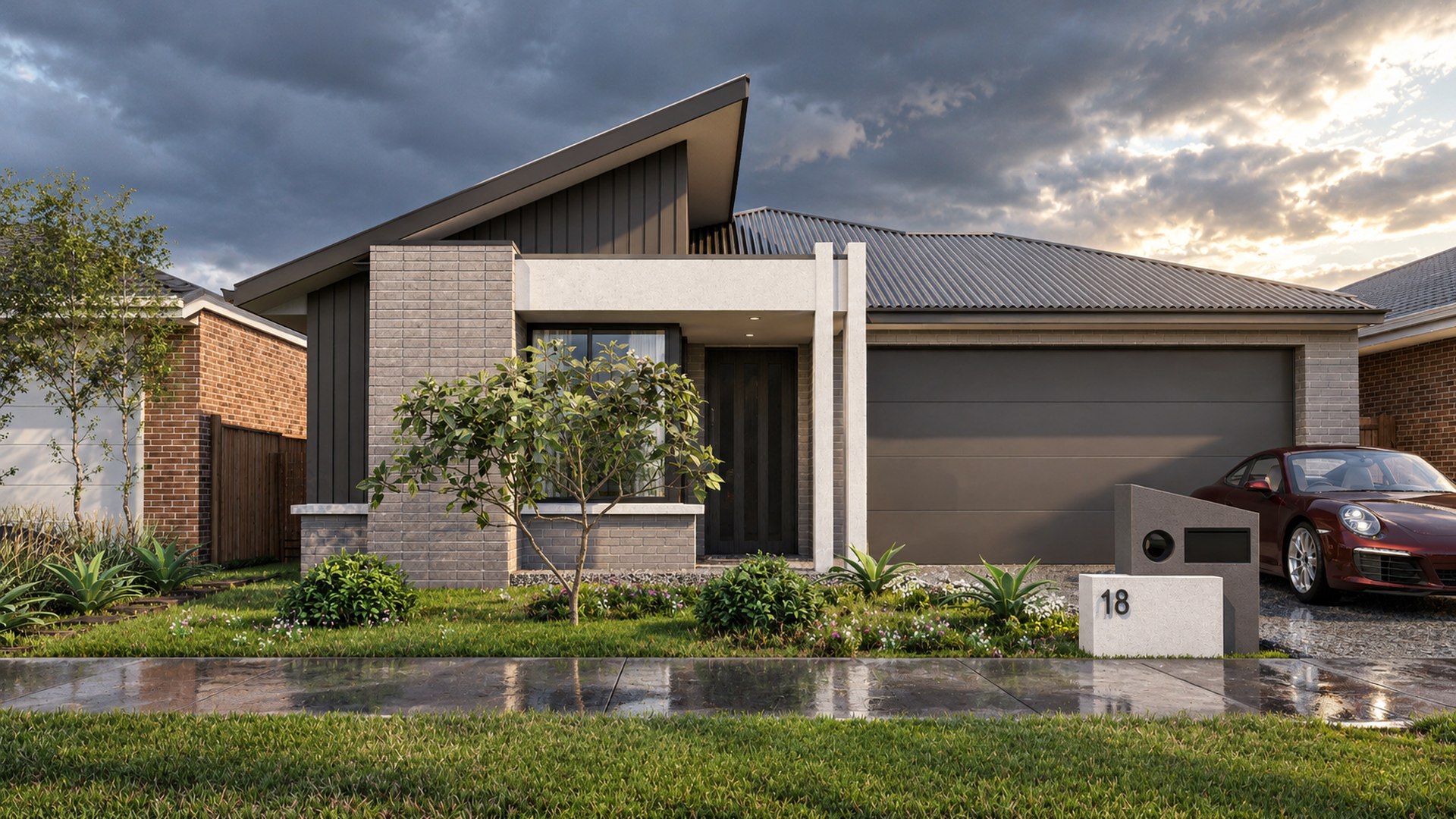 Straight-on front elevation of a Fraser Rise family home with grey brick, dark vertical cladding, covered entry and double garage