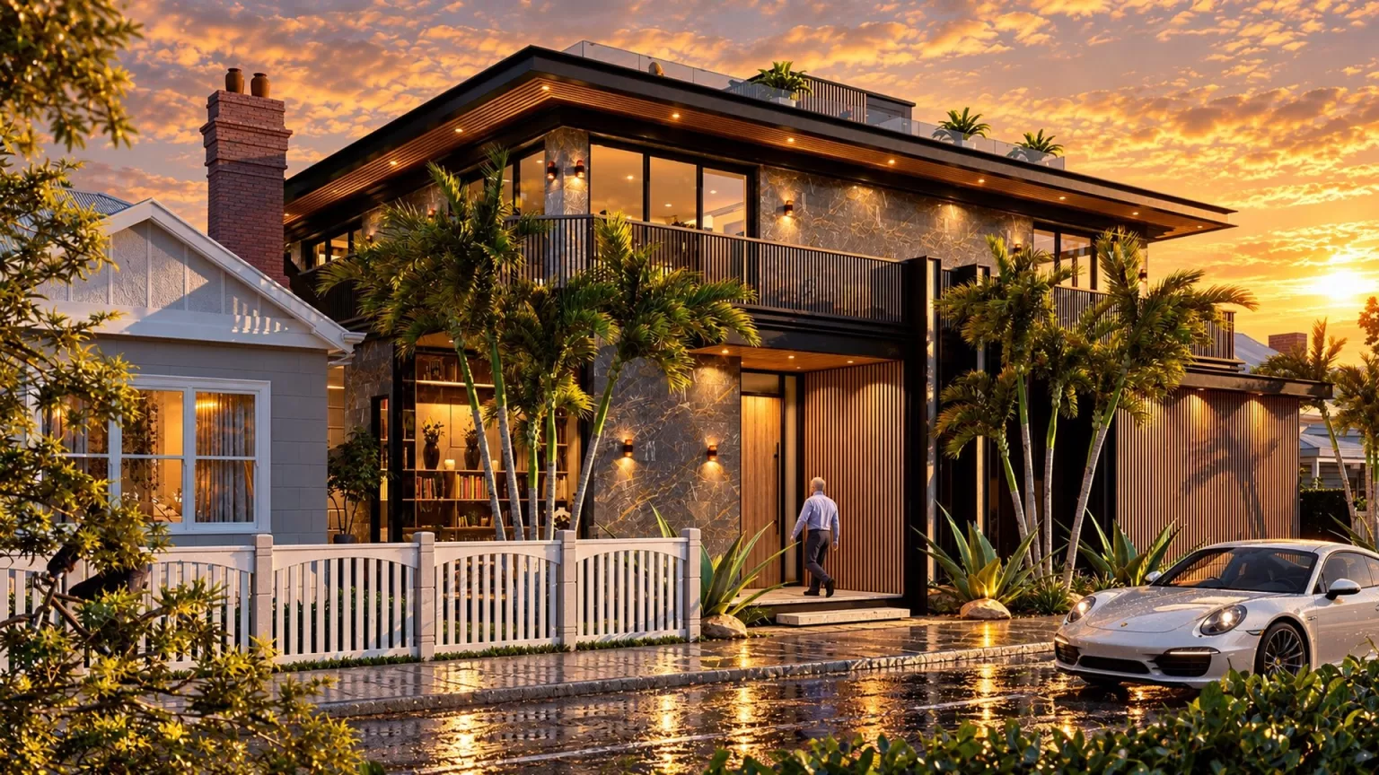 Entry of a modern Sandringham home with timber door, marble walls and palms