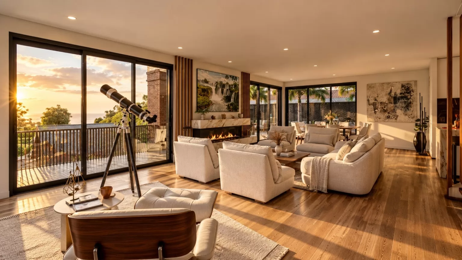 Upstairs living room with fireplace, corner sliding doors and a telescope facing the bay