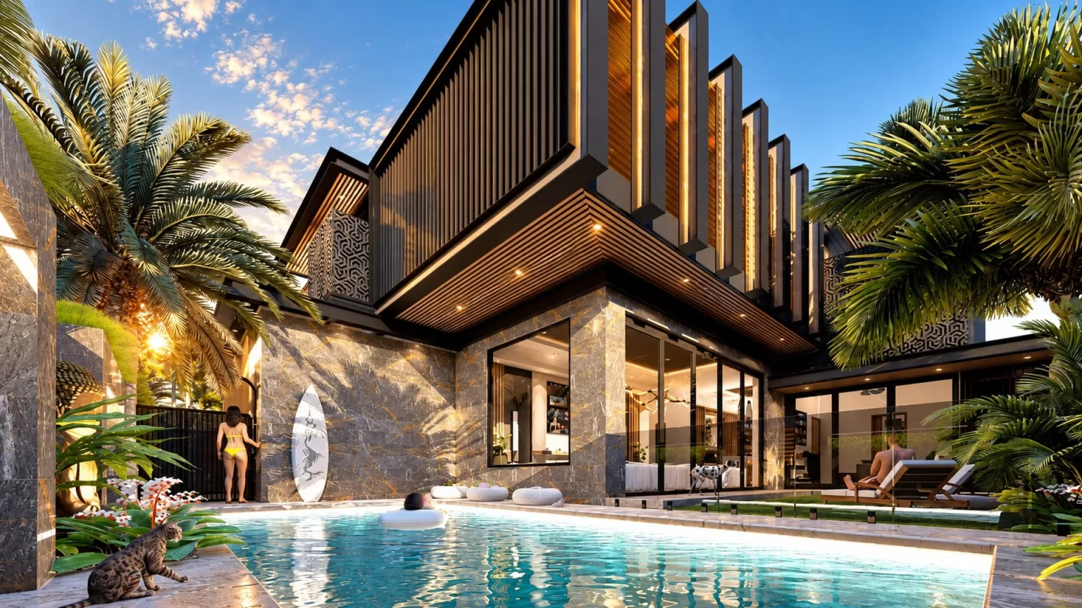 Rear pool and garden of a modern Sandringham home with marble walls and timber screens
