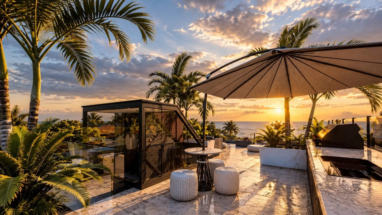 Rooftop terrace with seating, barbecue and views over Port Phillip Bay at sunset